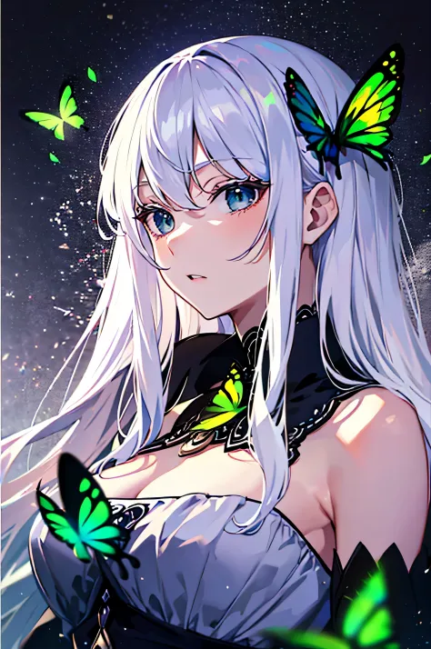 (debris flies, highest quality, ultra high resolution),1 girl, beautiful and detailed face, fine eyes,((gray hair)),(((black and...