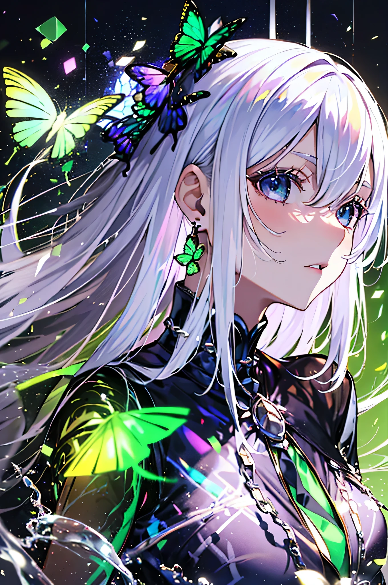 ((highest quality)),(debris flies, ultra high resolution),1 girl, beautiful and detailed face, fine eyes,((gray hair)),(((Black and Green theme))),((whole body)),perfect eyes、no background,white background,long dress,echidna,butterfly々hair accessory