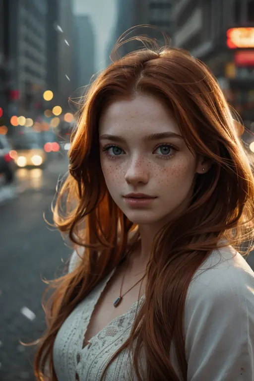 realistic photography, closeup of beautiful woman with freckles and , head shot , 25yo, focus on eyes, 50 mm f1.4, ginger hair i...