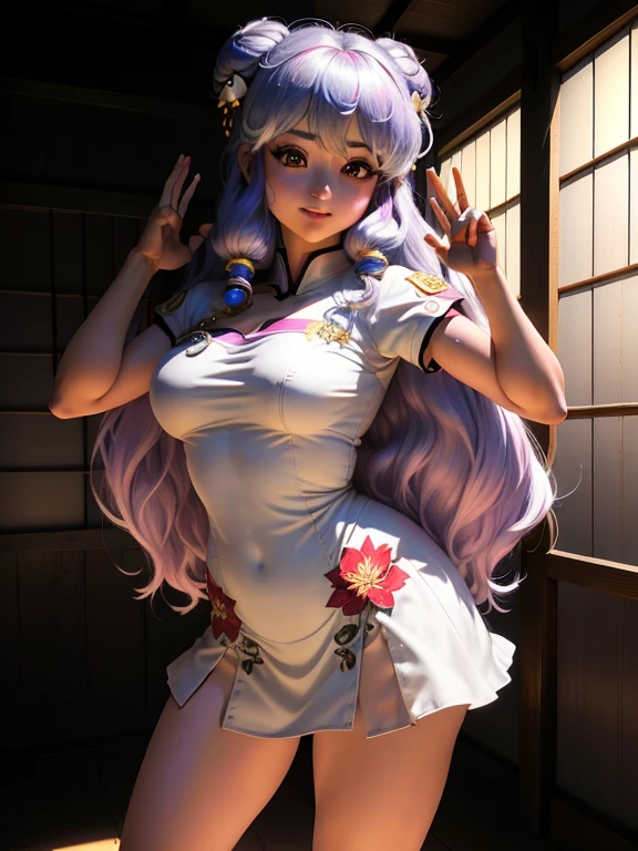 (shampoowaifu: 1), lindo, sonrisa, pose casual, cabello lila,  provocativa,ojos desafiantes, ojos brillantes, traje corto chino, vestido 

(realista: 1.2), (realismo), (obra maestra: 1.2), (mejor calidad), (ultra detallado), (8k, 4k, intrincado), (disparo de cuerpo completo: 1), (85 mm), light particules, (muy detallado: 1.2), (cara detallada: 1.2), (degradados), ojos lila coloridos y detallados

(Japanese Garden House)(fondo detallado), (Angle Dynamic: 1.2), (dynamic  pose: 1.2),