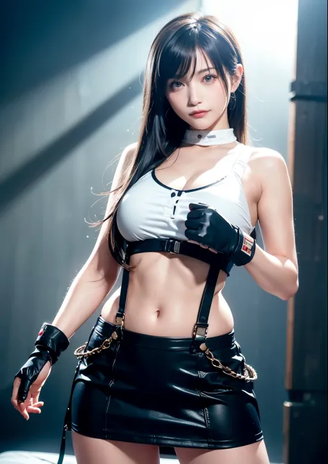 (Photorealistic: 1.4), top quality, very delicate and beautiful, high resolution, 1girl, tifa_lockhart, smile, cowboy shot, susp...