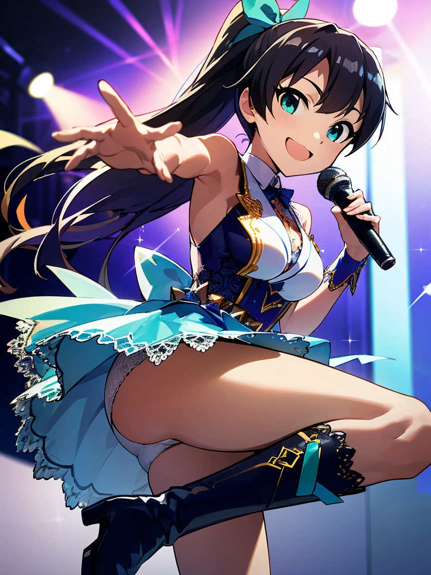 ((highest quality, 8K, Idol Master: 1.3, RAW photo)), sharp focus 1.1),Namco Pro,Hibiki Ganaha.beautiful face, highly detailed face, ((turquoise eyes)),black hair ponytail,big ribbon,((brown skin))A big smile (Light blue idol costume 1.5), live concert,Lots of spotlights (Show white lace panties:1.1), from the front, idol boots,whole body