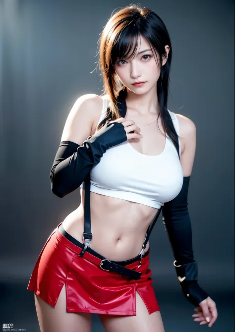 (Photorealistic: 1.4), top quality, very delicate and beautiful, high resolution, 1girl, tifa_lockhart, smile, cowboy shot, susp...