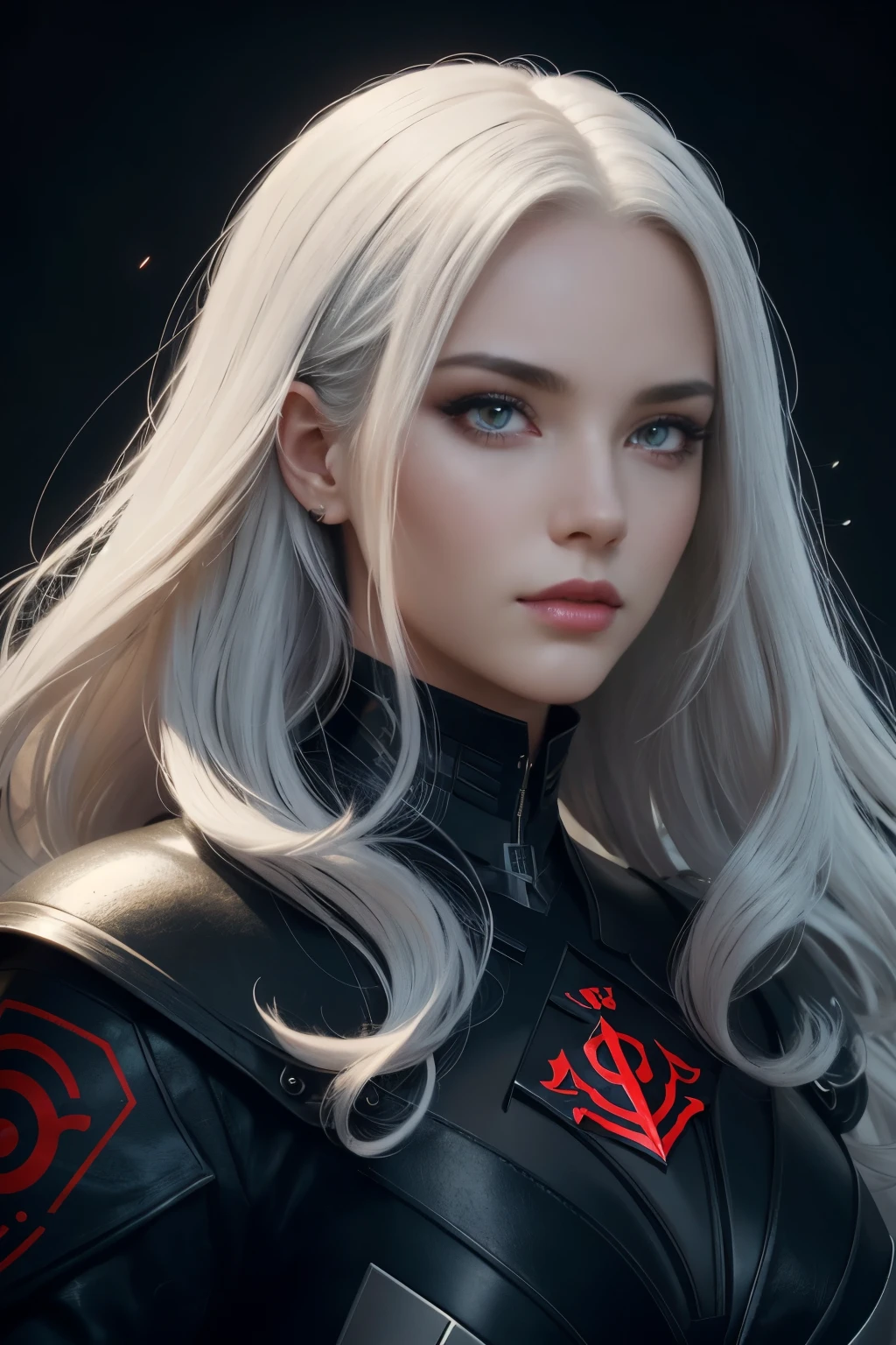 Portrait of a beautiful girl with wavy white hair, wearing a formal black dress with metal parts, red eyes, monograms in the background, digital painting, dark colors, 8k, complex details, vintage, retro futuristic style, sharp focus on the center, pastel colors, art station, (sci-fi, future, future theme), (facial expression looking with disdain), (detailed illustration)