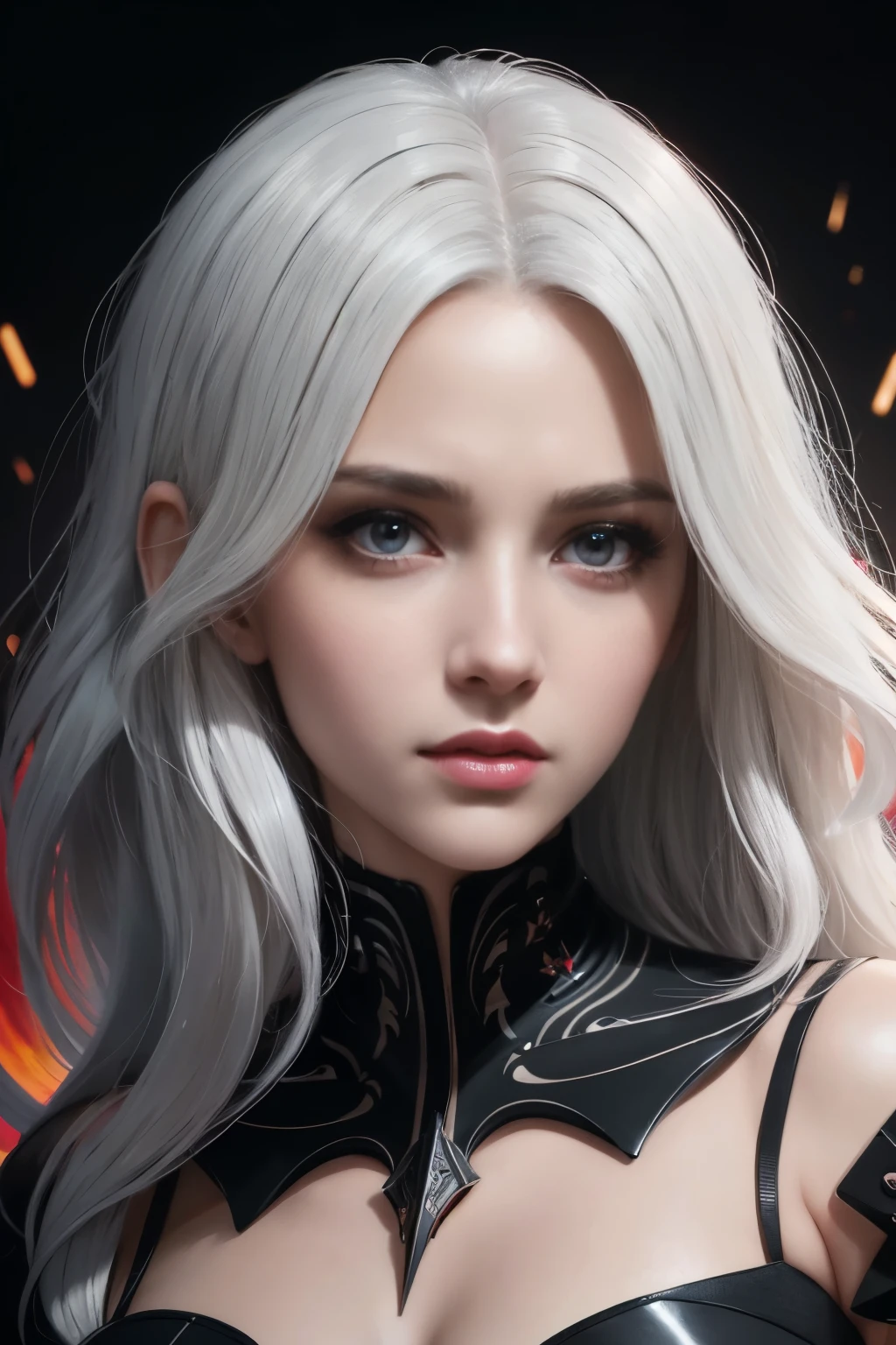 Portrait of a beautiful girl with wavy white hair, wearing a formal black dress with metal parts, red eyes, monograms in the background, digital painting, dark colors, 8k, complex details, vintage, retro futuristic style, sharp focus on the center, pastel colors, art station, (sci-fi, future, future theme), (facial expression looking with disdain), (detailed illustration)