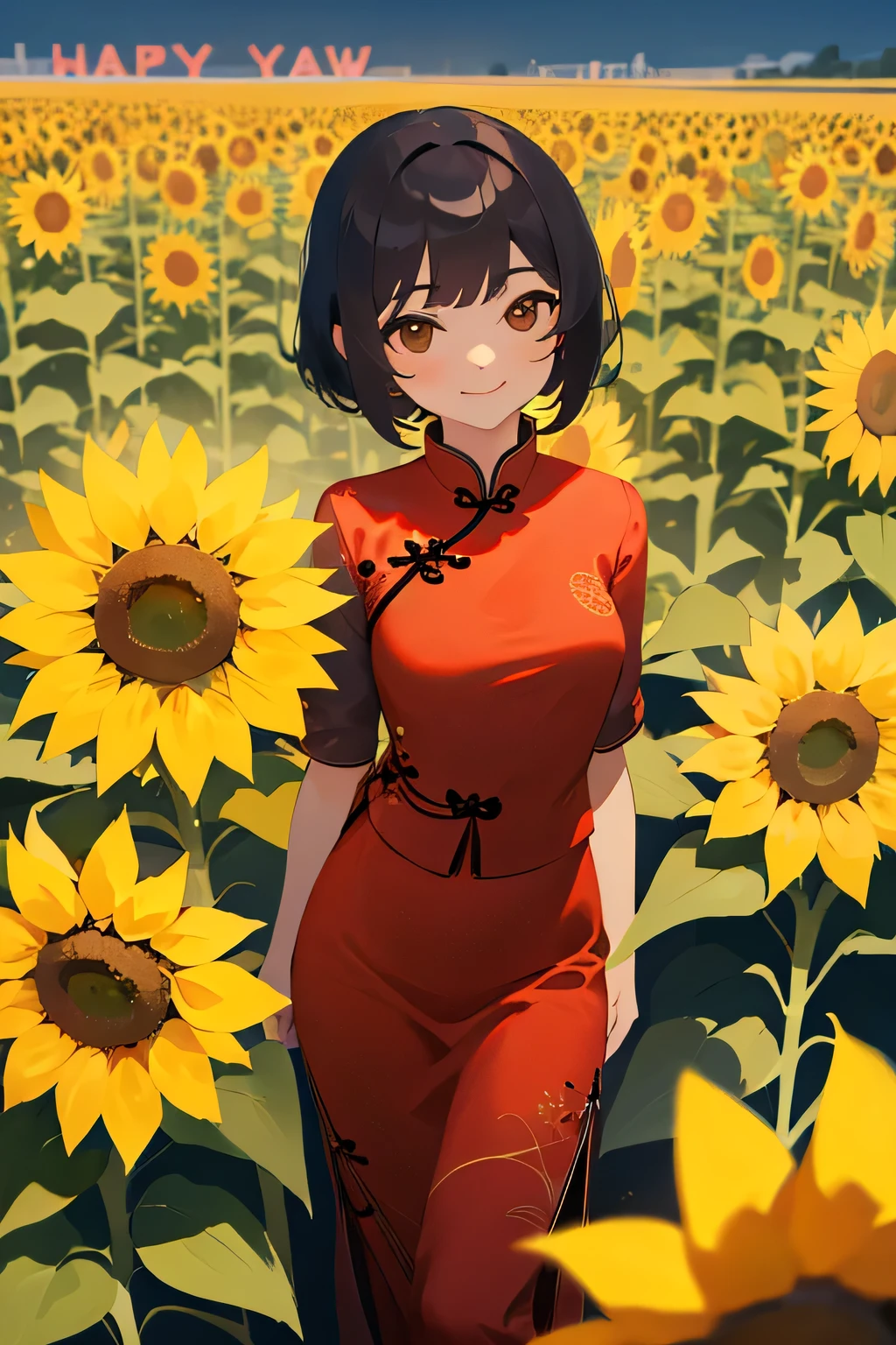 Girl smiling and standing in a sea of sunflowers，Wearing a red cheongsam，new year atmosphere，Half body photo