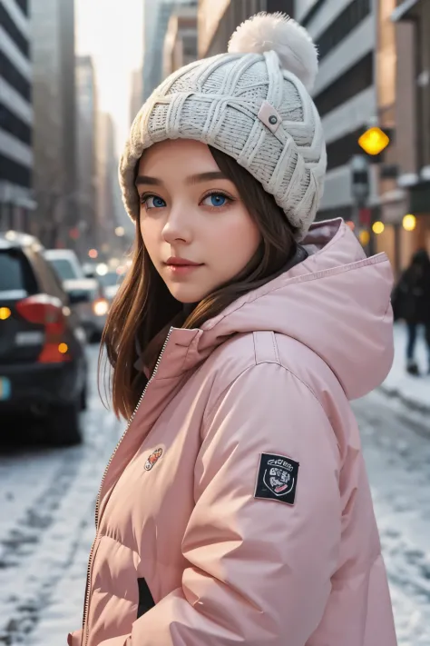 🥶👩‍🦳🌨️✳️❄️, cute girl, winter jacket, hat, city background, blue eyes, pink lips, portait, detailed face, detailed eyes, detailed hair, 8k photography, chubby girl
