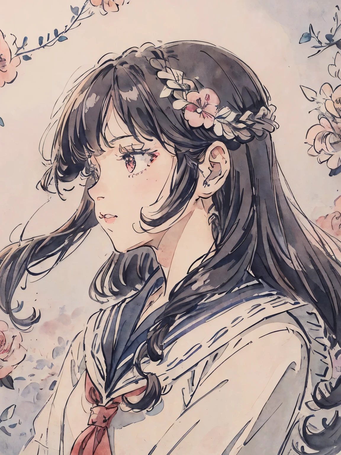 sailor suit、curl hair、long black hair、sailor suit、profile、Lady、flower garden、icon、soft lighting、close up of face、photo studio、hair blowing in the wind、petal、curly hair、watercolor style、Lots of flowers in the background、profile、Red camellia flowers all over the background、snow
