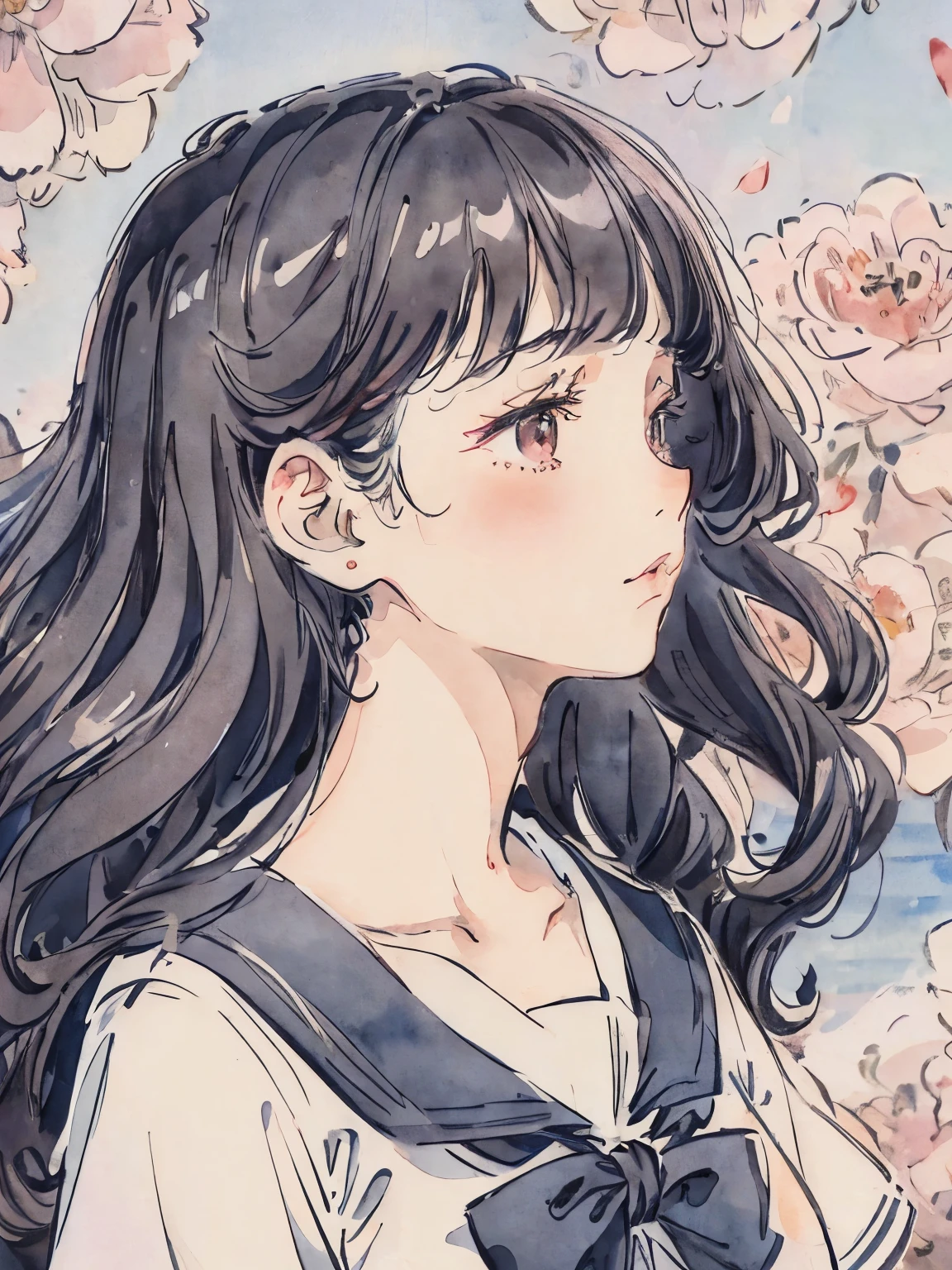 sailor suit、curl hair、long black hair、sailor suit、profile、Lady、flower garden、icon、soft lighting、close up of face、photo studio、hair blowing in the wind、petal、curly hair、watercolor style、Lots of flowers in the background、profile、Red camellia flowers all over the background、