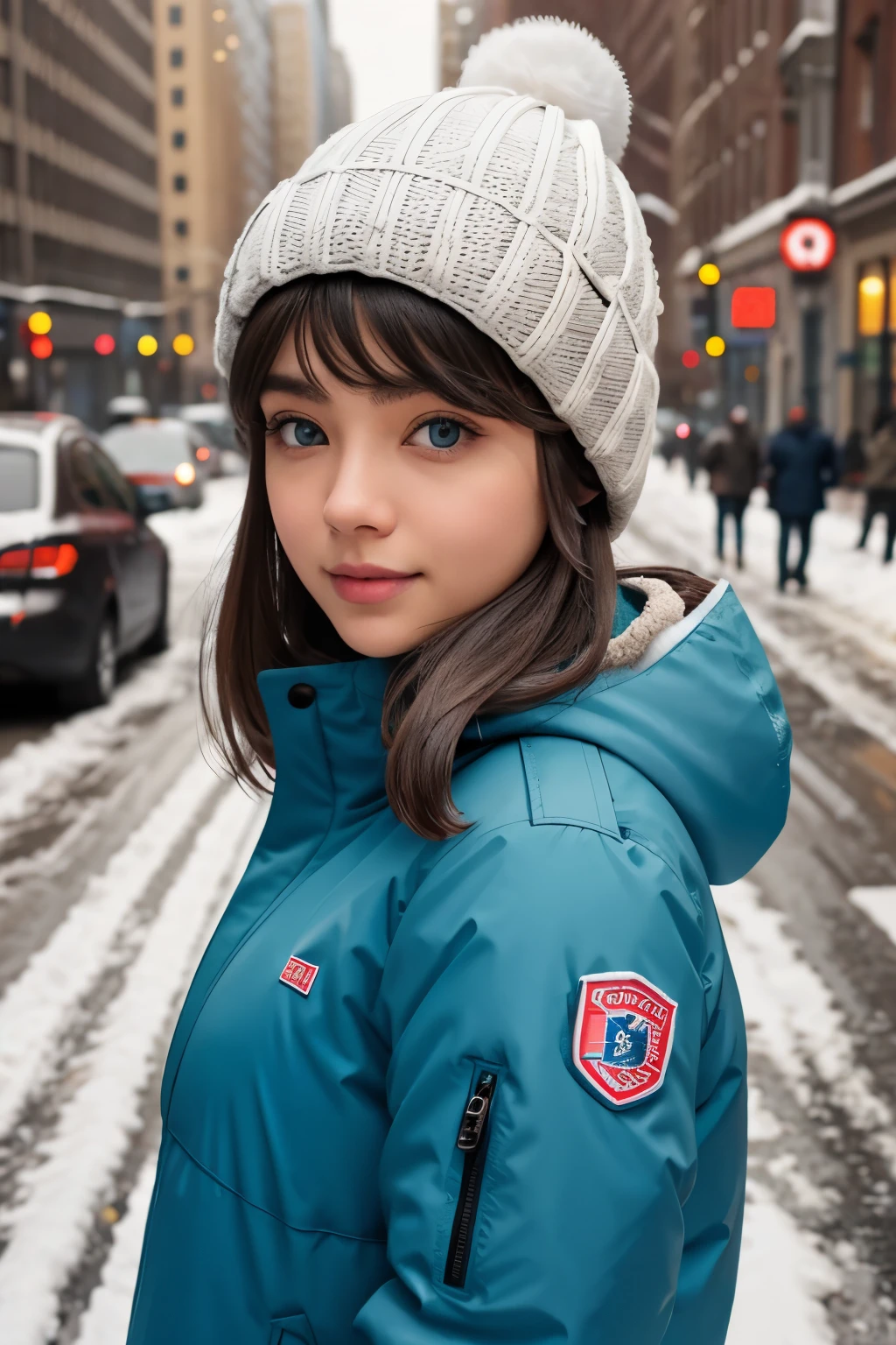 🥶👩‍🦳🌨️✳️❄️, süßes Mädchen, Winterjacke, hat, Stadthintergrund, blaue Augen, pinke Lippen, trug, detailliertes Gesicht, Detaillierte Augen, detailliertes Haar, 8k Fotografie, molliges Mädchen