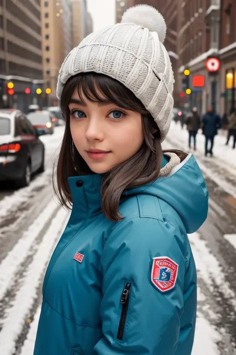 🥶👩‍🦳🌨️✳️❄️, cute girl, winter jacket, hat, city background, blue eyes, pink lips, portait, detailed face, detailed eyes, detailed hair, 8k photography, chubby girl