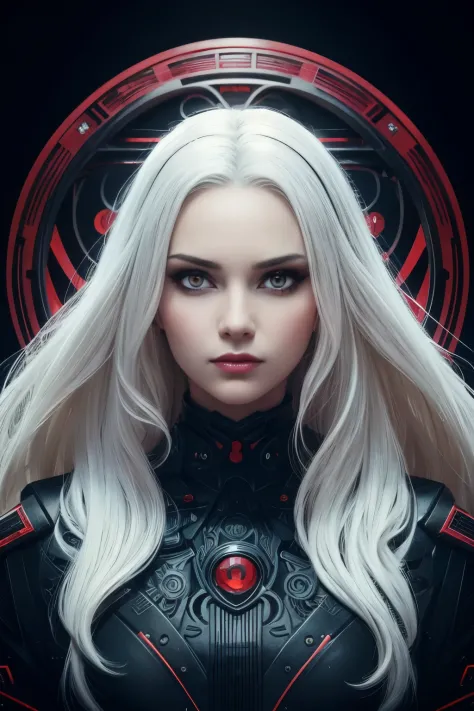 Portrait of a beautiful girl with wavy white hair, wearing a formal black dress with metal parts, red eyes, monograms in the bac...