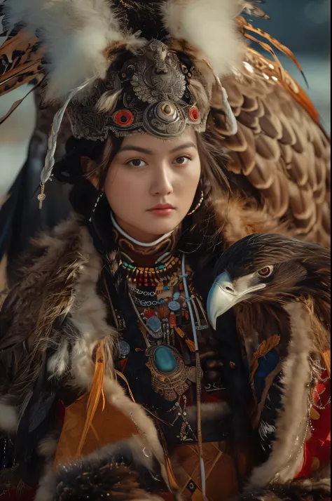 araffe woman in native dress with eagle on her shoulder, she is dressed in shaman clothes, a young woman as genghis khan, avian ...