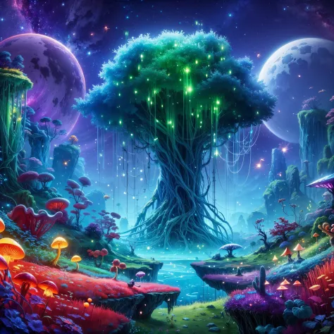 Ori and the blind forest game style,ultra-detailed, alien landscape, strange-looking trees, vibrant red grass, blue cactus,green...