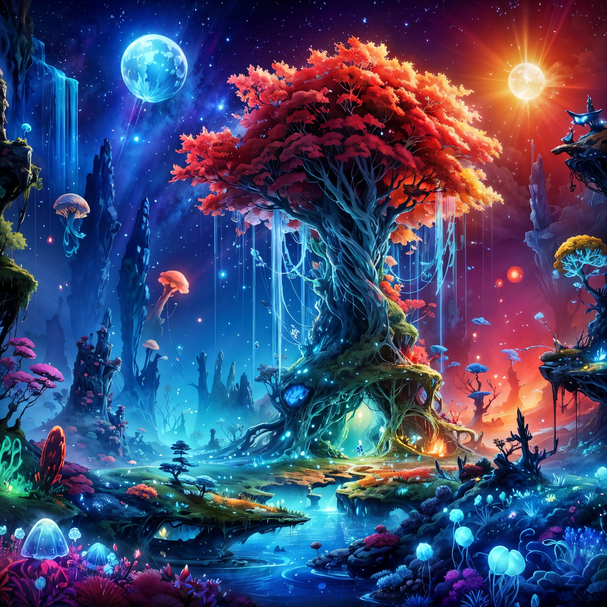 Ori and the blind forest game style,ultra-detailed, alien landscape, strange-looking trees, vibrant red grass, blue cactus,green aurora, (floating jellyfish),orange starry sky, falling star,natural giant piercing crystal pillar,ethereal blue leaves, giant and yellow bioluminescent mushrooms, a captivating  lava line, unique hybrid flowers, two radiant suns, and mesmerizing red fireflies.