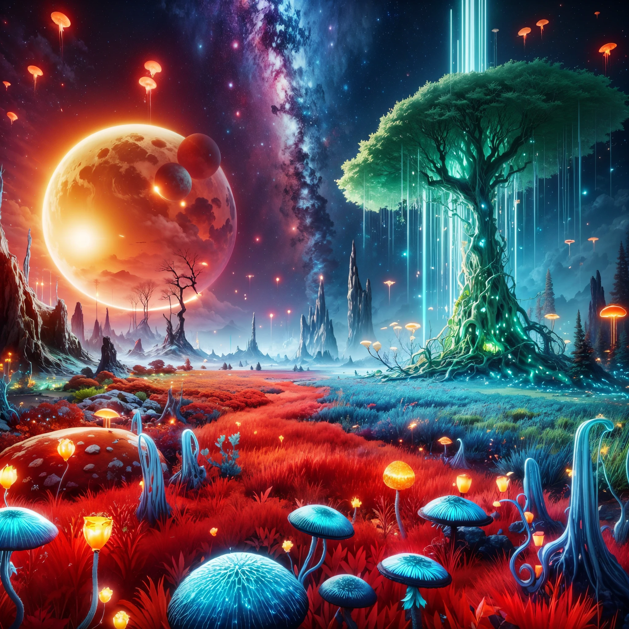 unreal engine style,ultra-detailed, alien landscape, strange-looking trees, vibrant red grass, blue cactus,green aurora, floating jellyfish,orange starry sky, natural giant piercing crystal pillar,ethereal blue leaves, giant and yellow bioluminescent mushrooms, a captivating  lava line, unique hybrid flowers, two radiant suns, and mesmerizing red fireflies.