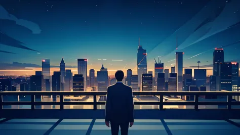 A man in front overlooking a city skyline at night.