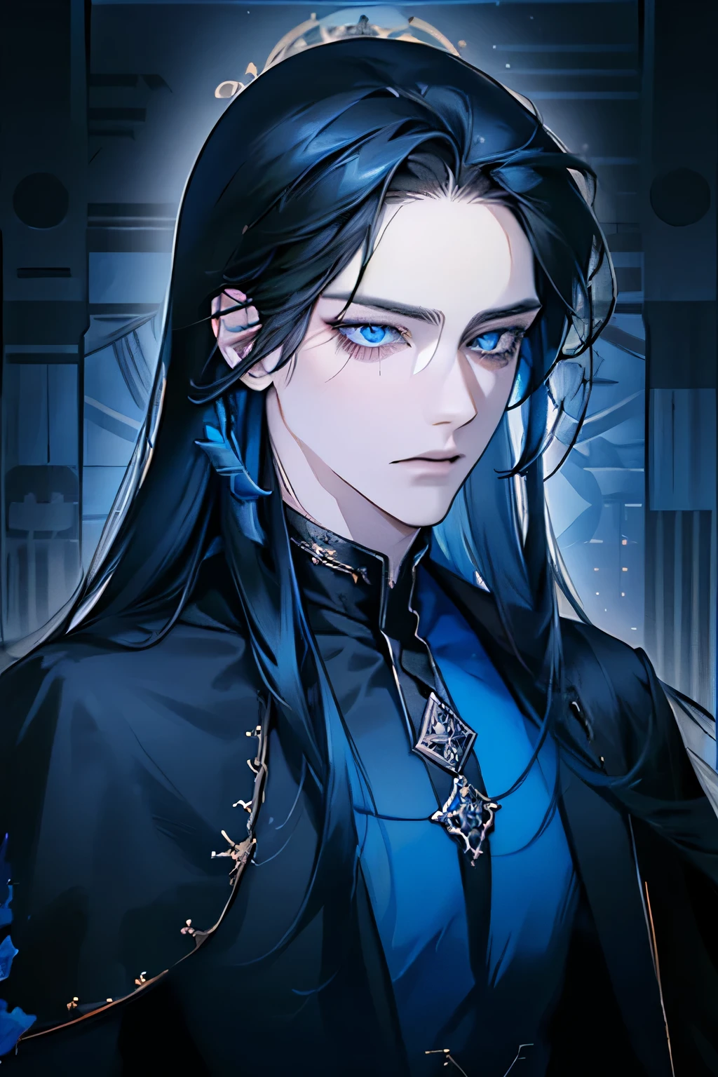 Anime - style image of a man with long black hair and blue eyes - SeaArt AI