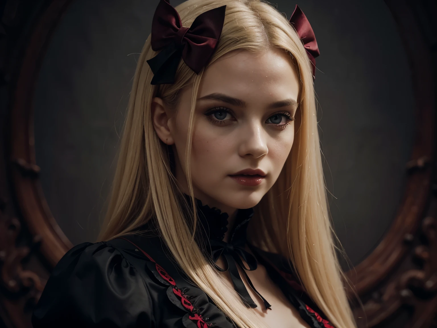 blond girl with red bow in black dress and red velvet dress, beautiful fantasy portrait, gothic princess portrait, romanticism portrait, karol bak uhd, beautiful fantasy art portrait, fantasy portrait, elegant victorian vampire, beautiful portrait photo, portrait shot, very beautiful portrait, beautiful portrait, portrait of magical young girl, an elegant gothic princess, fantasy art portrait, centered mid shot, eerie gothic place background with red color tones