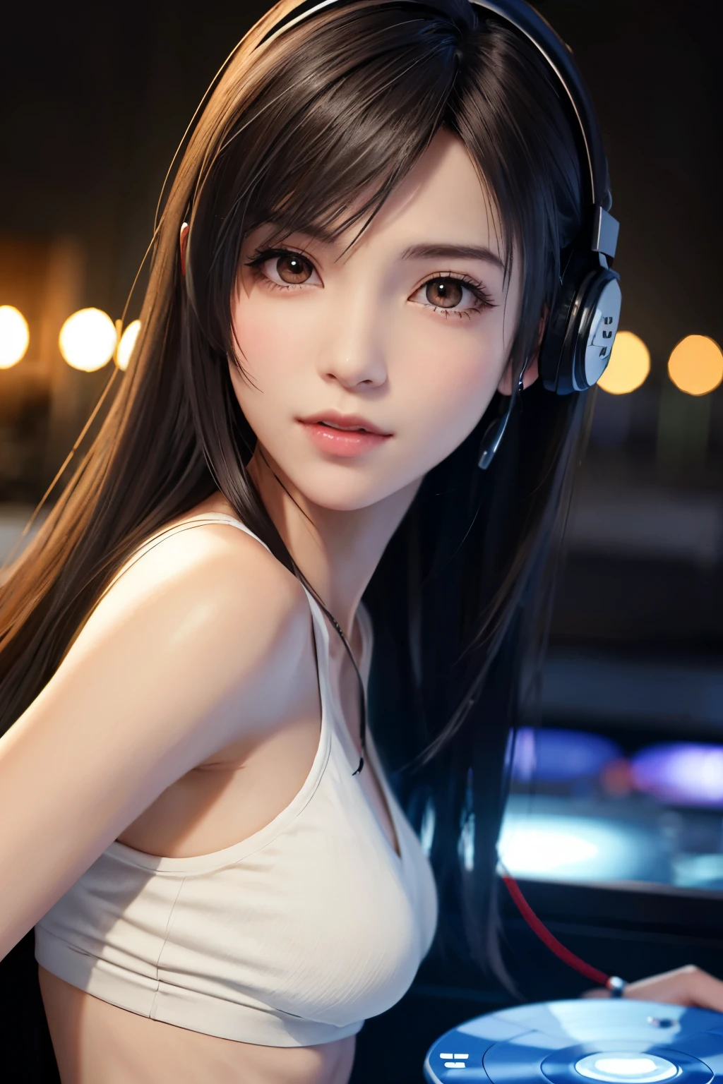 (Top Quality, Masterpiece: 1.1), (Realistic: 1.3), BREAK (((FF7,Tifa_lockhart))),Ultra-detailed face, Detailed eyes,(black Brown Hair, Large breasts: 1.2),(A dark, disco club,disc jockey,table:1.3), (crowd:1.2),  BREAK (wearing micro shorts, tube top:1.5,glowing headphones:1.2),clothed,(No Bra) ,(Small and beautiful hard nipple),(shiny oiled skin: 1.1), about 18 years old, BREAK ,excite in dance:1.3,smile,kawaii,zettai_ryouiki:1.1,sensual
