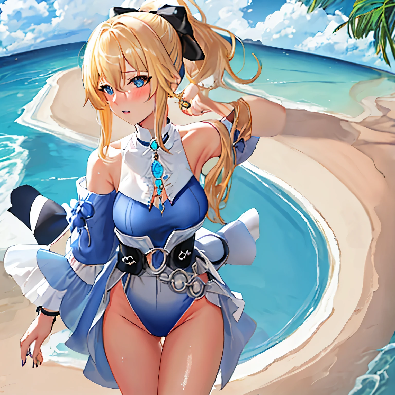 best quality, masterpiece, High resolution, alone, {Gene_Genshin:1.15}, blonde_hair, blue_Eye, Bangs, ponytail, long_hair, side lock, breast, hair_between_Eye,  hair_bow, blush, big deal_breast, 1 woman, sleeveless, whole body，On the beach，clothing_bikini，High definition，Mature and sexy body