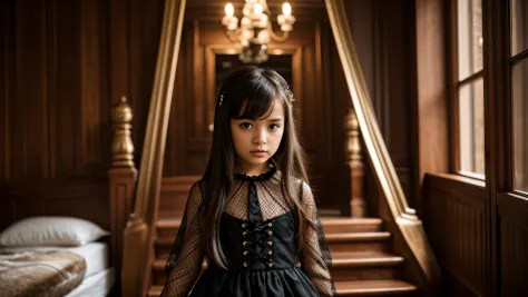 children girl long silver hair, with symbolic gothic net clothing, 。um close em um trono.