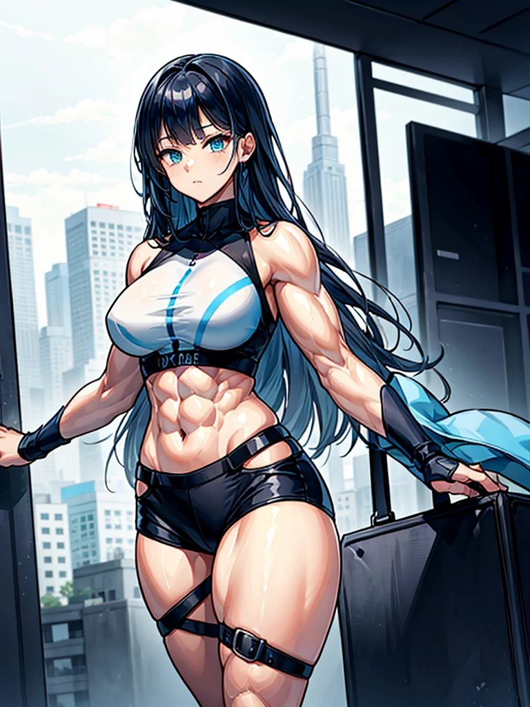 （（（masterpiece、Highest image quality、highest quality、highly detailed unity 8ｋwallpaper）））、（（Illustration of one girl））、（（（beautiful girl）））、blue hair、stocky build, thickset physique：1.3, muscular legs, broad shoulders, solid chest、white clothes