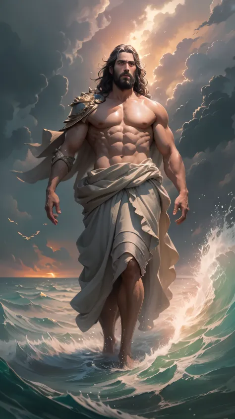 jesus christ standing on the ocean, epic clouds and godlike lighting, concept art of god, by Ludwik Konarzewski Jr, the god of t...