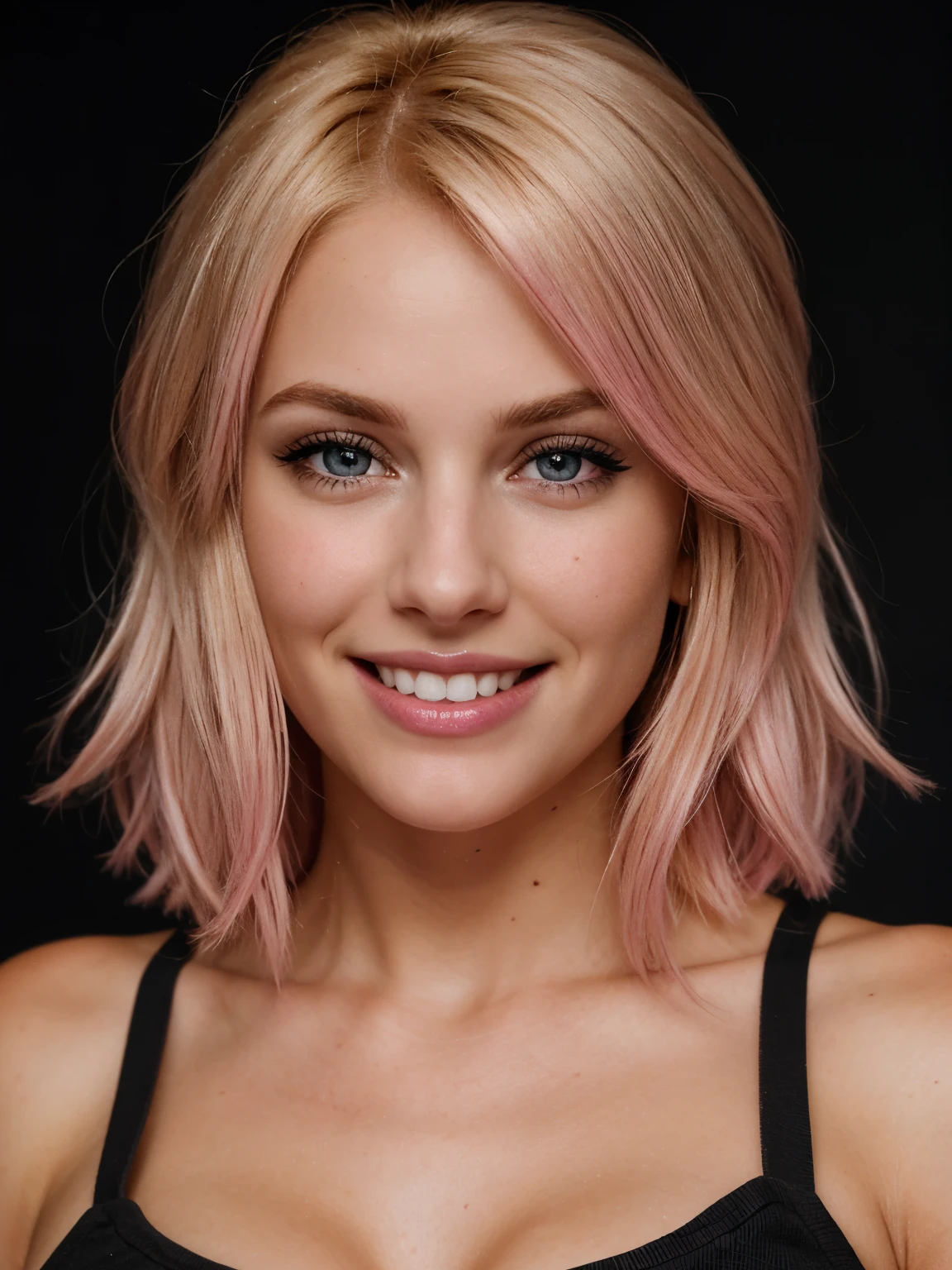 A woman with pink hair and a black top smiling - SeaArt AI