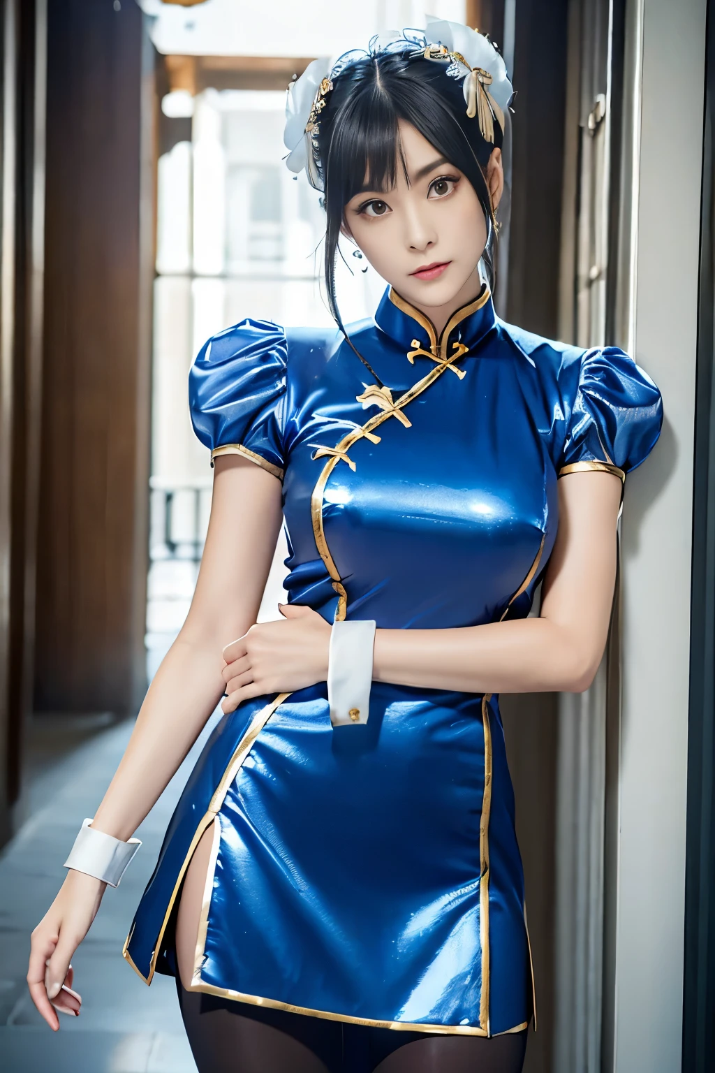 Live-action version of Chun-Li from Street Fighter，RAW photo,,(Blue china clothes、Ｃcup breast)、(Looks like a super realistic photo)、portrait、perfect angle、(professional quality、High resolution)、perfect contrast、perfect lighting、perfect composition、perfect skin、perfect hands、perfect fingers、perfect breasts、perfect fast perfect、A masterpiece that reproduces realistic facial features and hairstyles、White Hair Clip、ribbon)、(supermodel with long legs)、 ((Sexy blue and gold cheongsam、puff sleeves、White band、blue front droop、Sticky Wristband、thigh slit))、((blue front droop))、(cute japanese girl、Face the front and look at the camera、Dark brown hair with wet and shiny)、restaurant、on the road、Light in Eye Ace Perfect、perfect body、perfect fingers、perfect arms、perfect hands、face becomes smaller、double eyelid、Big eyeoney is better than beauty、visible all over、Supermodel with very long legs、teenage、cute、spotless、lip gloss、hair fluttering in the strong wind、Stand facing the front、((Slender and stretched thin pantyhose、shiny pantyhose、white long bootovie lighting、light shines on your face