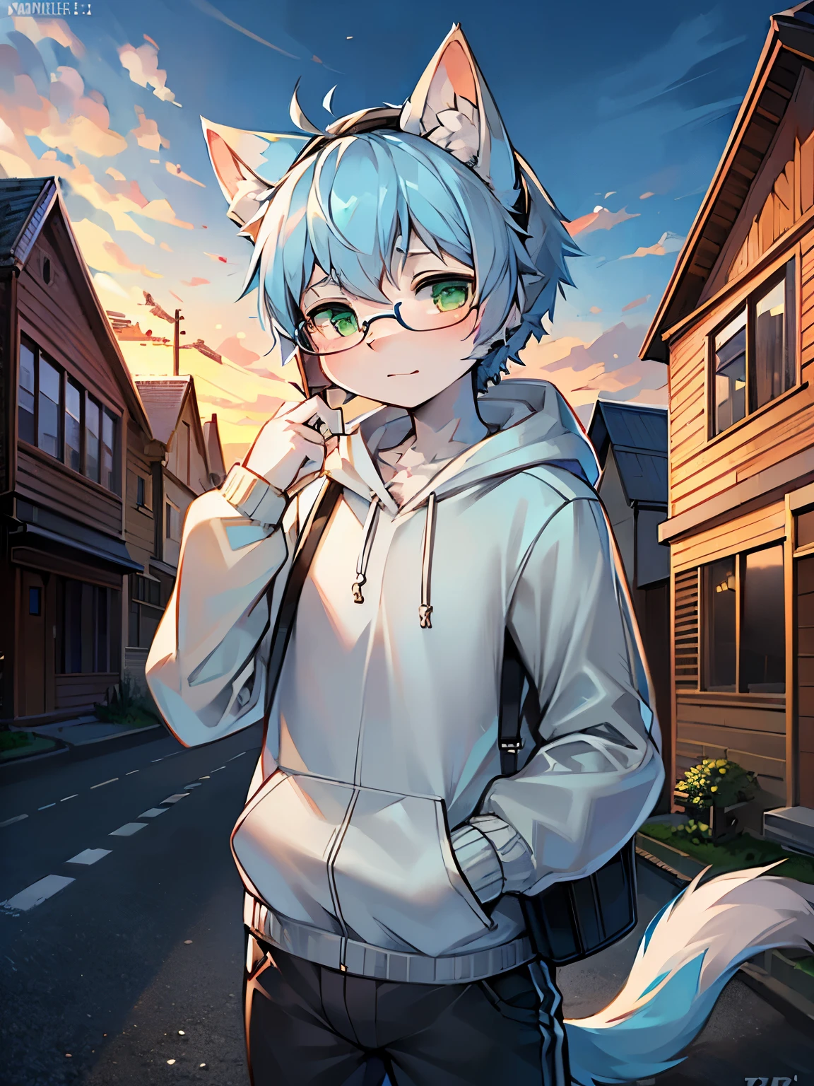 Anime boy with blue hair and green eyes standing in the street - SeaArt AI