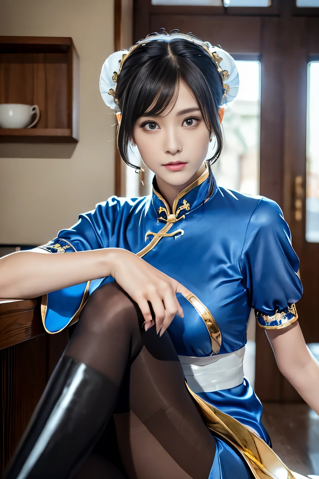 Live-action version of Chun-Li from Street Fighter，RAW photo,,(Blue china clothes、Ｃcup breast)、(Looks like a super realistic photo)、portrait、perfect angle、(professional quality、High resolution)、perfect contrast、perfect lighting、perfect composition、perfect skin、perfect hands、perfect fingers、perfect breasts、perfect fast perfect、A masterpiece that reproduces realistic facial features and hairstyles、White Hair Clip、ribbon)、(supermodel with long legs)、 ((Sexy blue and gold cheongsam、puff sleeves、White band、blue front droop、Sticky Wristband、thigh slit))、((blue front droop))、(cute japanese girl、Face the front and look at the camera、Dark brown hair with wet and shiny)、restaurant、on the road、Light in Eye Ace Perfect、perfect body、perfect fingers、perfect arms、perfect hands、face becomes smaller、double eyelid、Big eyeoney is better than beauty、visible all over、Supermodel with very long legs、teenage、cute、spotless、lip gloss、hair fluttering in the strong wind、Stand facing the front、((Slender and stretched thin pantyhose、shiny pantyhose、white long bootovie lighting、light shines on your face