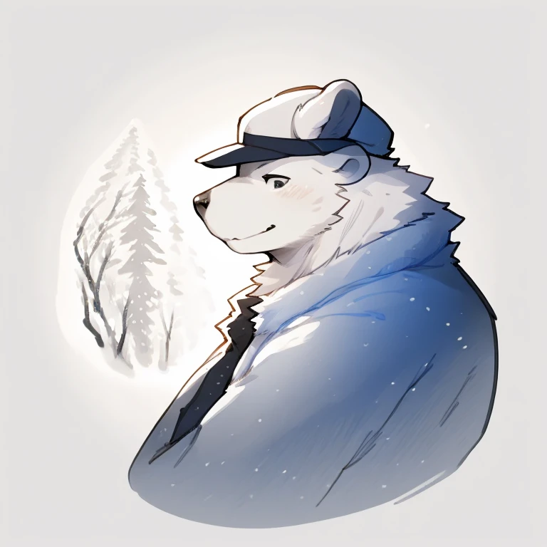 by bebebebebe,by zeekzag,by kishibe,best quality,masterpiece,(arctic,snow),adult,solo,male,polar bear,puffy jacket,hat