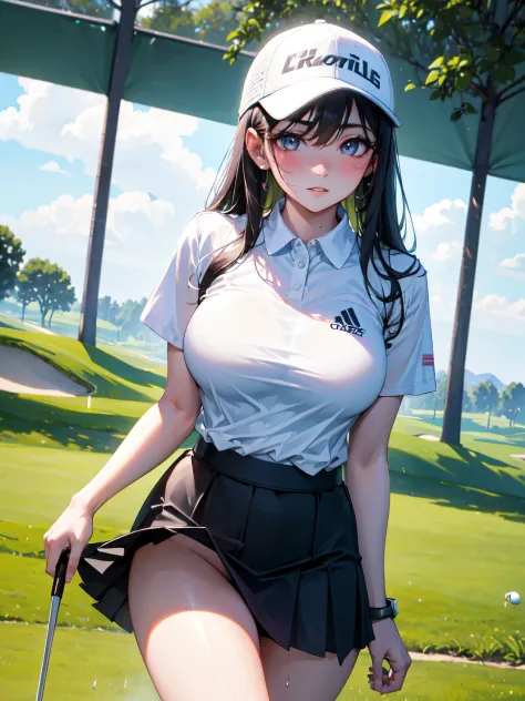 high quality,hd,16k,sharp line,1girl,female golf athlete ,skirt,cute face, large breasts, nice legs, sweat,in golf venue,focus girl,detailed beautiful face,detailed clothes,beautiful eyes,pretty,dynamic angle