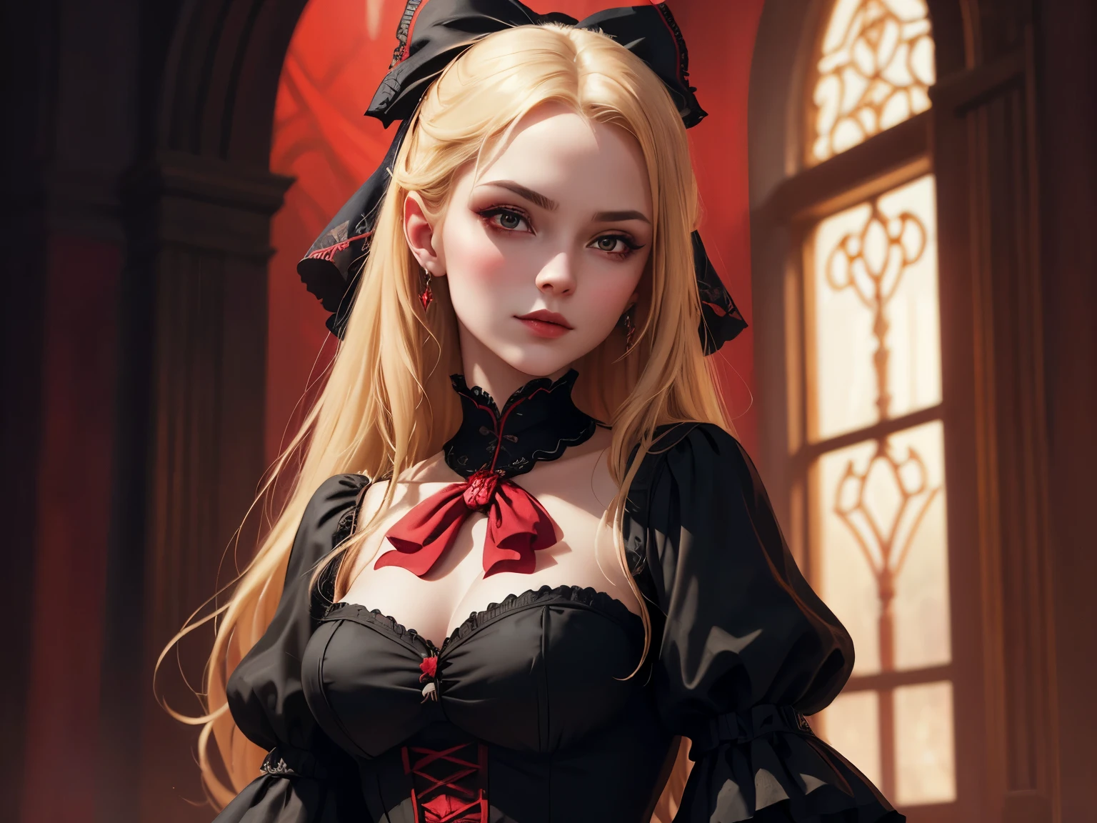 fille blonde avec noeud rouge en robe de velours noir et rouge, art numérique par Hristofor Zhefarovich, volet, Art gothique, beau portrait fantastique, portrait de princesse gothique, portrait de romantisme, Karol derrière uhd, beau portrait d&#39;art fantastique, portrait fantastique, élégant vampire victorien, beau portrait photo, portrait, very beau portrait, beau portrait