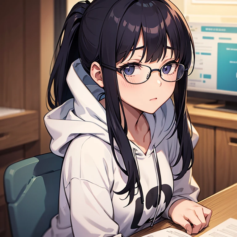 messy hair、dull bangs、ponytail、one piece、messy hair、Sloppy、cross-eyed、drunk、turned around、( stupid / Sexual ecstasy)、turned around、glasses、highest quality, Super delicate illustration, beautiful charming anime girl, slender body, tied hair, one girl,hood,hoodie