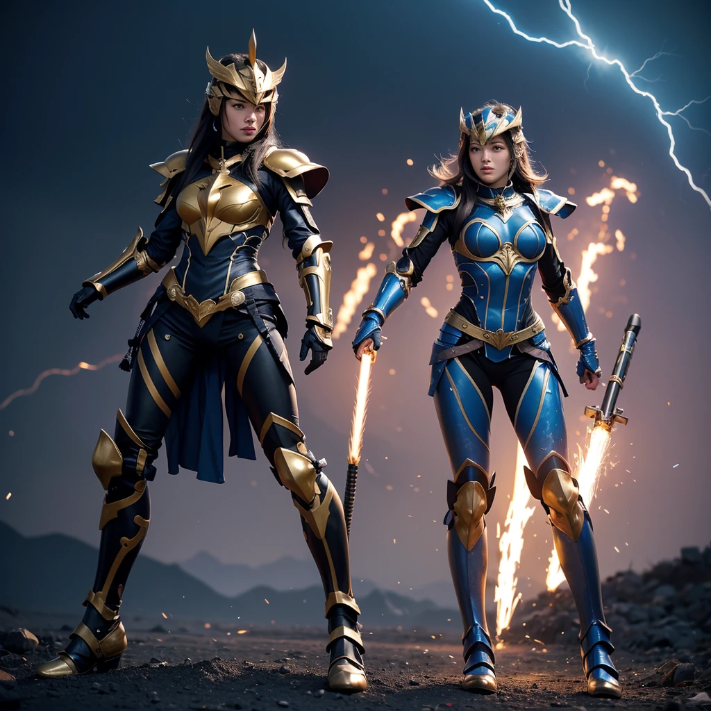 4K, masutepiece, hight resolution, absurderes,, Edge Thunderstruck, (Woman in full-body metal blue and gold armor) ,Wearing Edge and Thunder Tracks_armor, electrification, Wilding Thunder, Wearing an intricate armor helmet、​masterpiece, top-quality, hightquality, hight resolution,