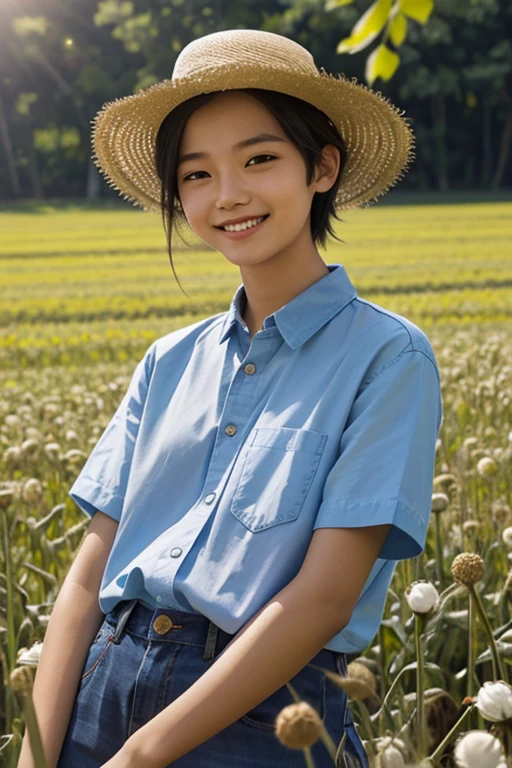 (zh-CN) Farmland, Morning dew, A sun-baked wheat field, leisurely flowering dandelions, (1 boy), big smiling face under the bright sun, in light cotton clothes, blue shirt, Kind and natural.