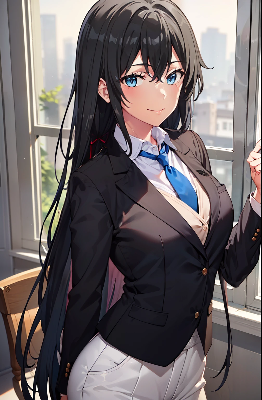 Anime girl with long black hair and blue tie standing in front of a window  - SeaArt AI