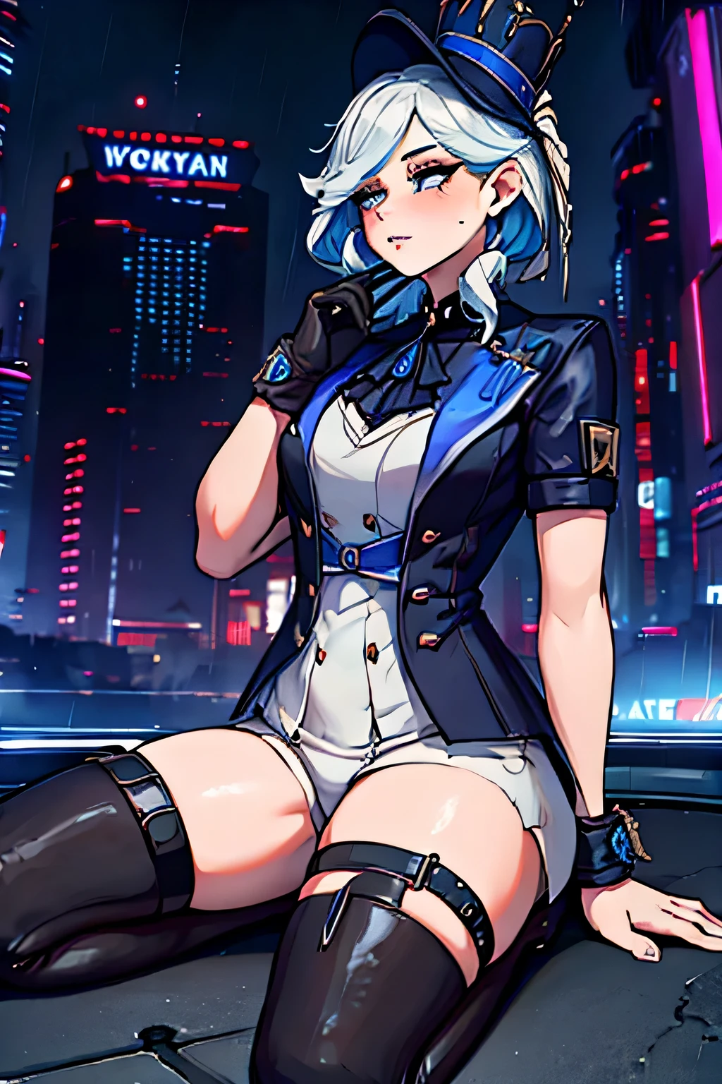 Furina-Focalors, erotisch, porn, Hentai-Stil, Kurzärmelige Jacke, schwere Stiefel, cyberpunk, cyberpunk style, Erweiterungen, cyberpunk Erweiterungen, schwarze Metallhand, Cyber-Haut, beschuldigen, Nachtstadt, Regen, heavy Regen