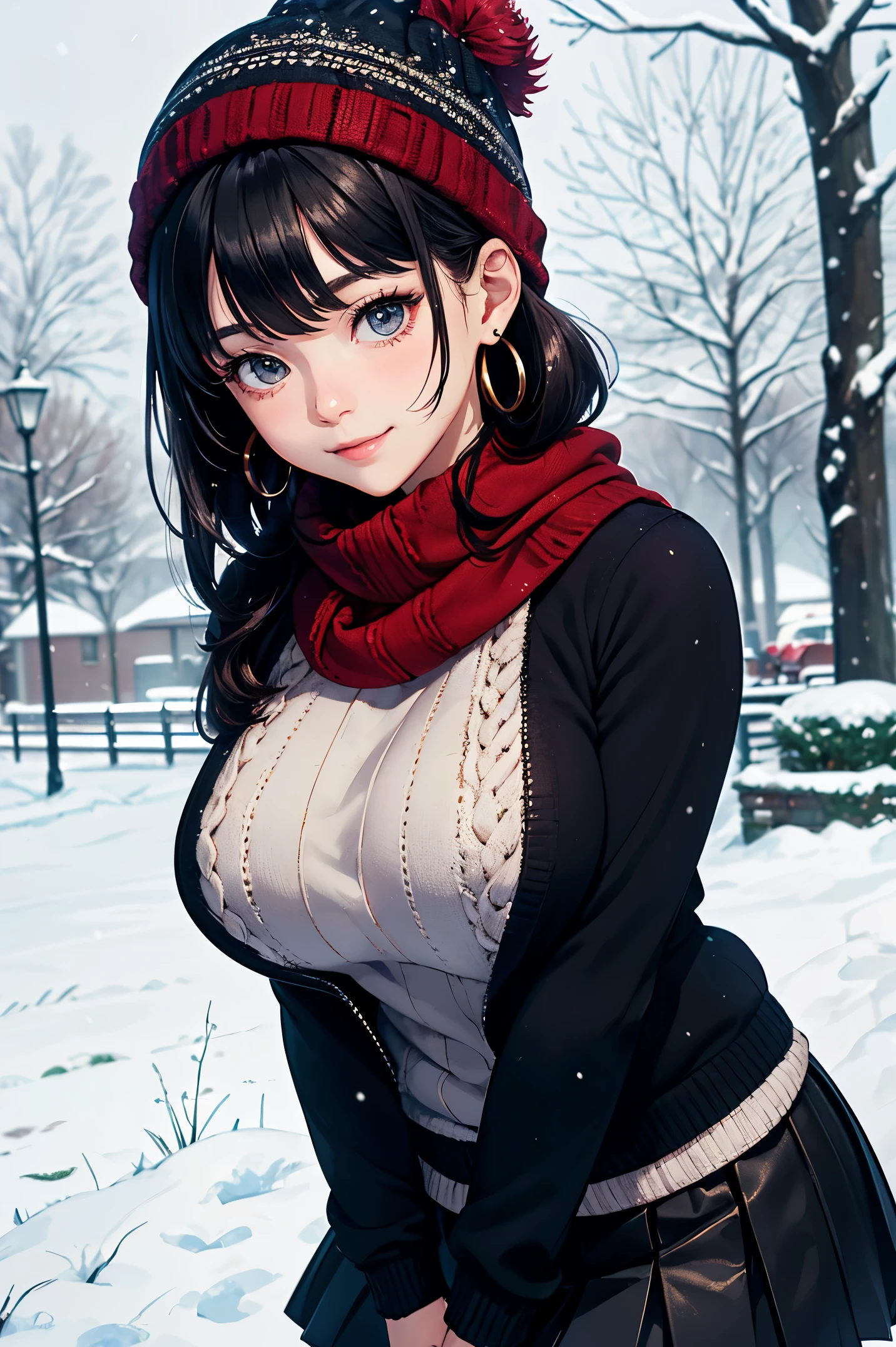 Anime girl in winter outfit posing in snow covered park - SeaArt AI