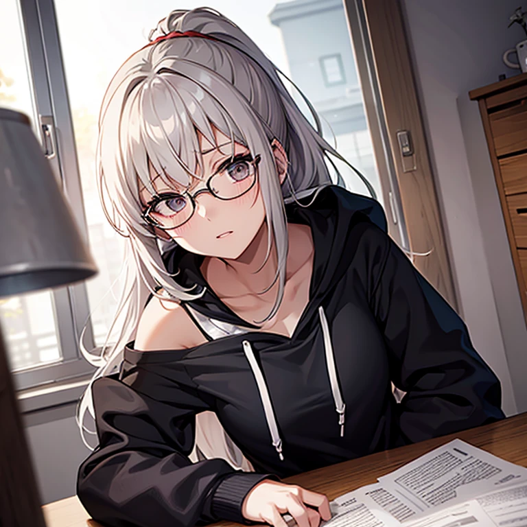 messy hair、dull bangs、ponytail、messy hair、Sloppy、cross-eyed、drunk、looked back、( fool / Sexual ecstasy)、looked back、Glasses、highest quality, Super delicate illustration, Beautiful charming anime girl, slender body, tied hair, one girl,wearing a hood,hoodie、Facial、Bukkake、semen、NSFW