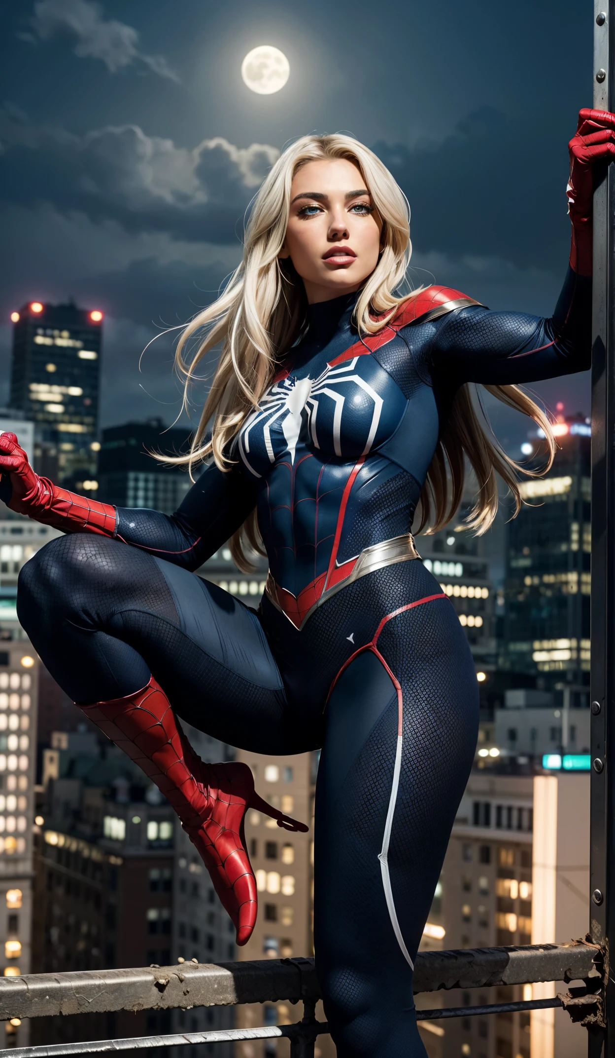 (Masterpiece, 4k resolution, ultra-realistic, very detailed), (White superhero theme, charismatic, there's a girl on top of town, wearing Spider-Man costume, she's a superhero), [ ((25 years), (long white hair:1.2), full body, (blue eyes:1.2), ((Spider-Man pose),show of strength, jumping from one building to another), ((sandy urban environment):0.8)| (cityscape, at night, dynamic lights), (full moon))] # Explanation: The Prompt mainly describes a 4K painting of ultra-high definition, very realistic, very detailed. It shows a superheroine at the top of the city, wearing a Spider-Man costume. The theme in the painting is a white superhero theme, the female protagonist has long white hair, is 25 years old and her entire body is shown in the painting. In terms of portraying the actions of superheroines, spiders are employed(((full body composition, greenish eyes, dynamic position, perfect fitness girl body)))