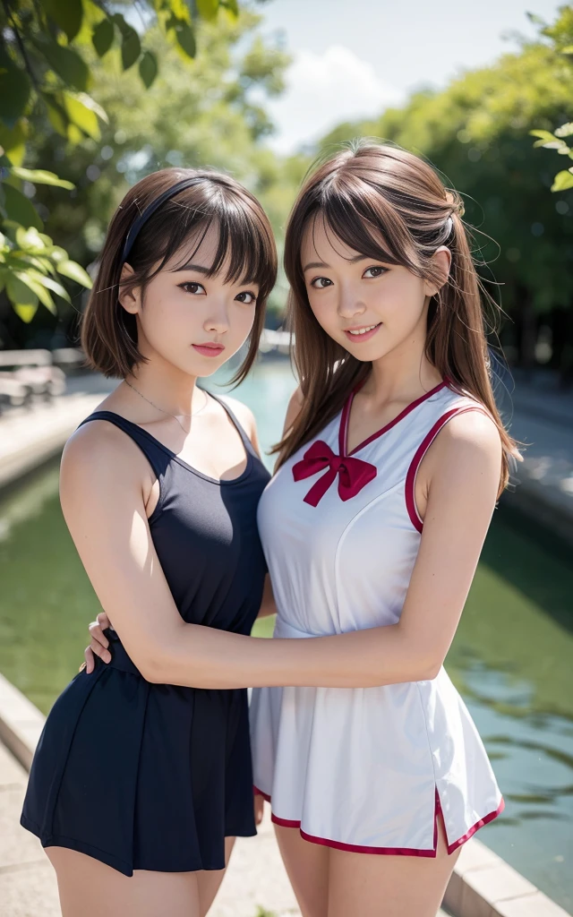 (2 girls of the same age:1.2) , Couple focus, japanese girl, Lovely, Number 14, Upper body, cheek to cheek,permanent,high saturation,  Sleeveless sailor suit,Double tail,   (Smile), Hair ring, low contrast, best quality, ultra high definition, Photorealistic, Super detailed, 8k, original photo,