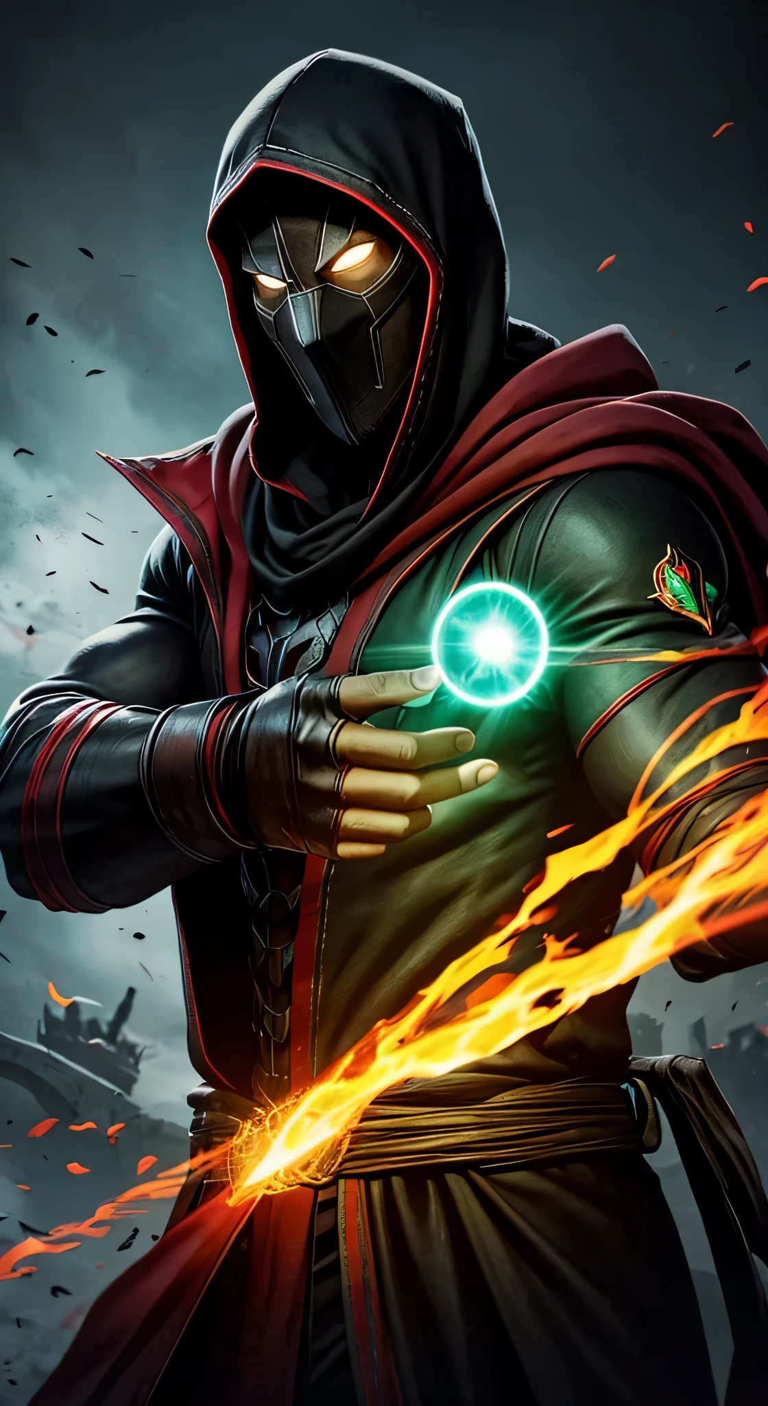 ((Ryan Reynolds)) as Ermac from Mortal Kombat, wearing black-and-red, mummy-like tattered robe adorned with ancient markings, face is obscured by a mask or hood, (glowing green eyes), ((levitating)), intricate, high detail, sharp focus, dramatic, photorealistic painting art by greg rutkowski