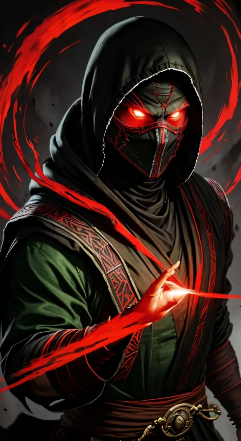 Ermac from Mortal Kombat, wearing black-and-red, mummy-like tattered robe adorned with ancient markings, (green glowing eyes), (...