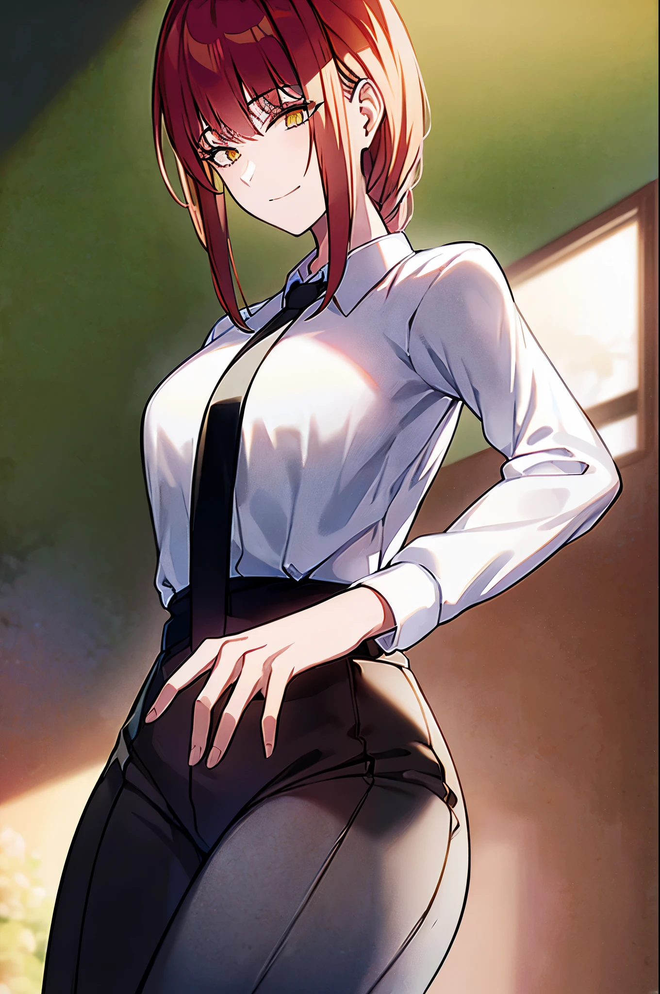 masterpiece, best quality, ultra-detailed, Portrait of beautiful MakimaCSM, solo, shirt, long-sleeved, white-shirt, collared-shirt, pants, from-behind, arms-behind-back, black-pants, formal, suit, arm-behind-back, shirt-tucked-in, facing-away, office-lady, business-suit, high-waist-pants, volumetric lighting, best quality, masterpiece, intricate details, tone mapping, sharp focus, hyper detailed, trending on Attestation