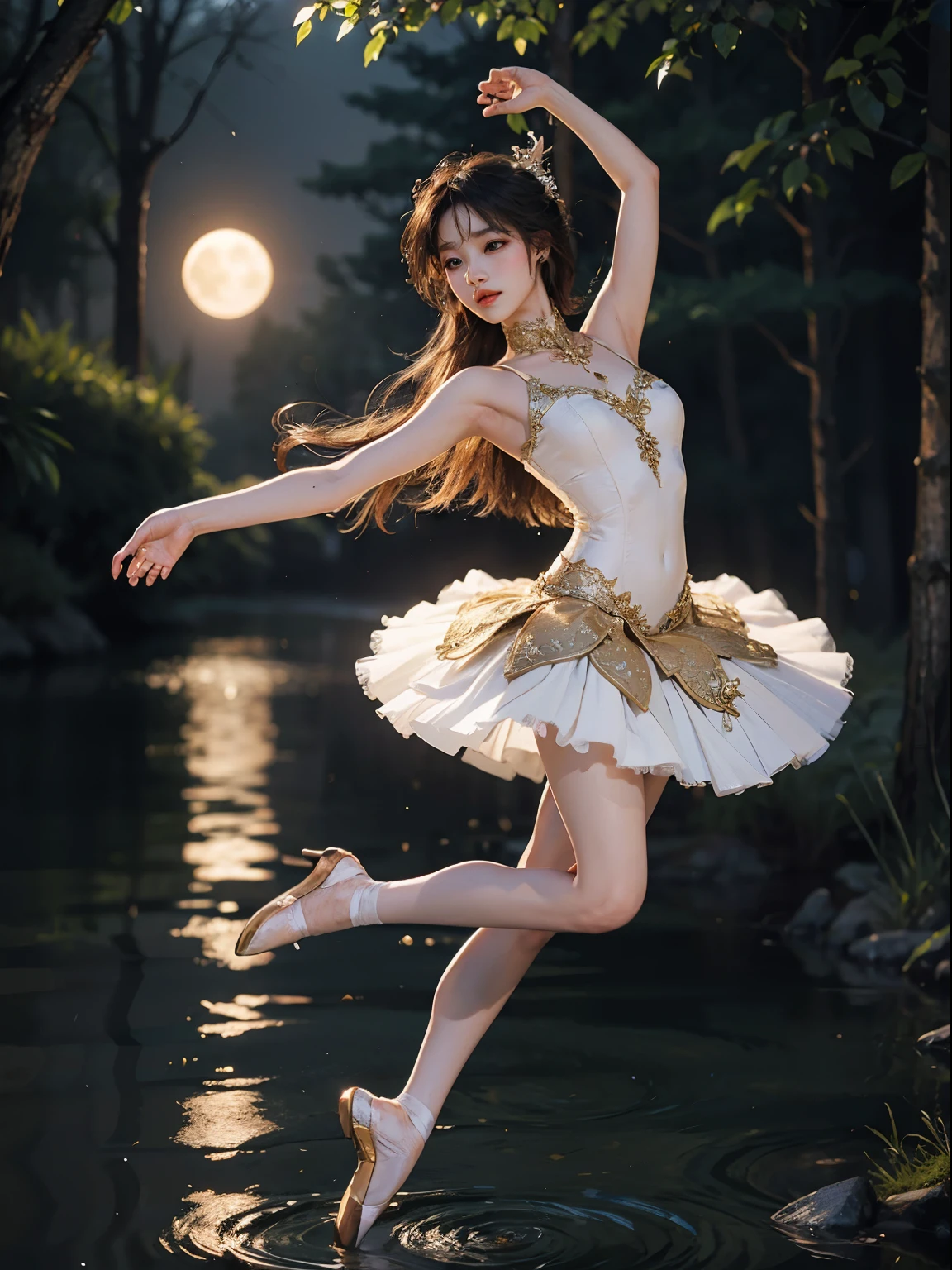 fantasy, high quality, 8K, realistic,photo realistic,RAW photo,photography,High resolution, ultra-definition, highest quality,Dramatic lighting, glitter effect, from below, midnight, moonlight, Lake in the deep forest、full body,break,
A prima donna girl gracefully dances ballet in the moonlight on a mysterious lake.、Arabesque、、1 girl、((luxurious and delicate white tutu)),semi-long hair,black hair,black eyes、beautiful feet、Ballet Pointe Shoes, 