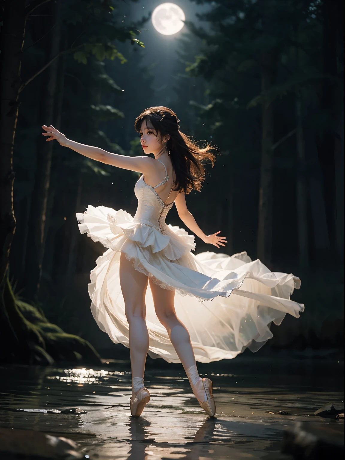 fantasy, high quality, 8K, realistic,photo realistic,RAW photo,photography,High resolution, ultra-definition, highest quality,Dramatic lighting, glitter effect, from below, midnight, moonlight, Lake in the deep forest、full body,break,
A prima donna girl gracefully dances ballet in the moonlight on a mysterious lake.、Arabesque、、1 girl、((luxurious and delicate white tutu)),semi-long hair,black hair,black eyes、beautiful feet、Ballet Pointe Shoes, 