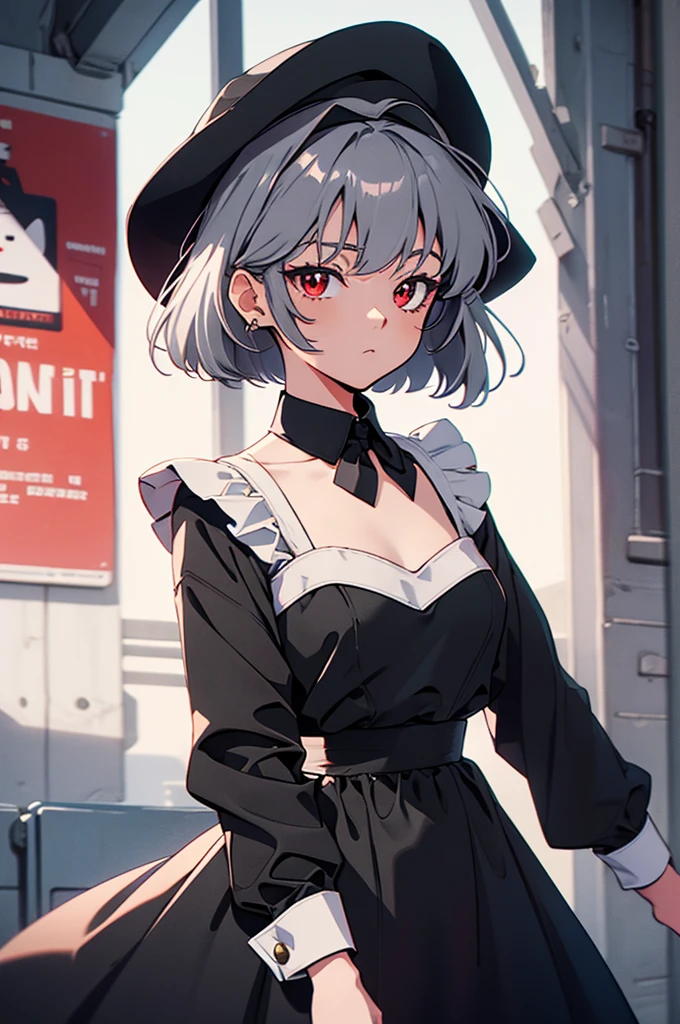 red eyes, short gray hair, maid dress, flat chest, Black Soft Hat, bore, long sleeve, black long dress, Shaded eyes